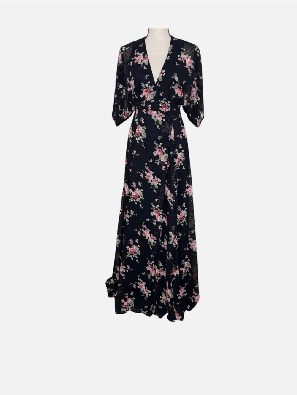 Aakaa Black Maxi Dress with Pink Floral Print